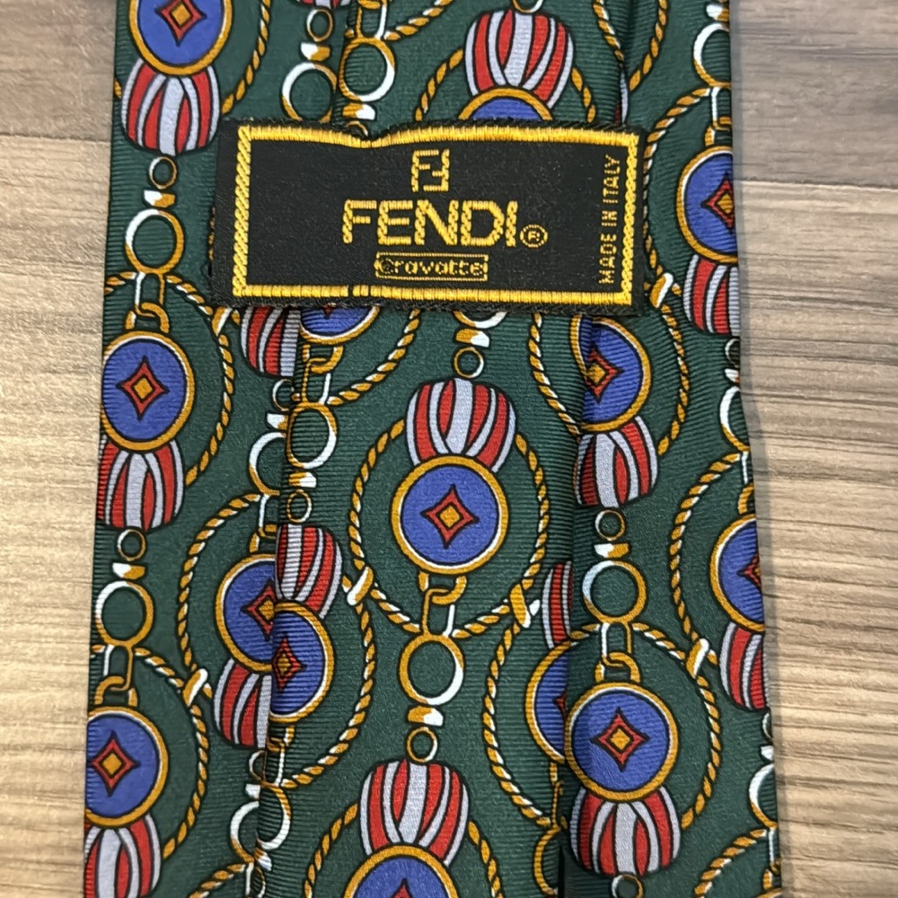 Fendi Silk Handmade Italy Green Blue Gold Multi Geometric Unique Ornamental Tie